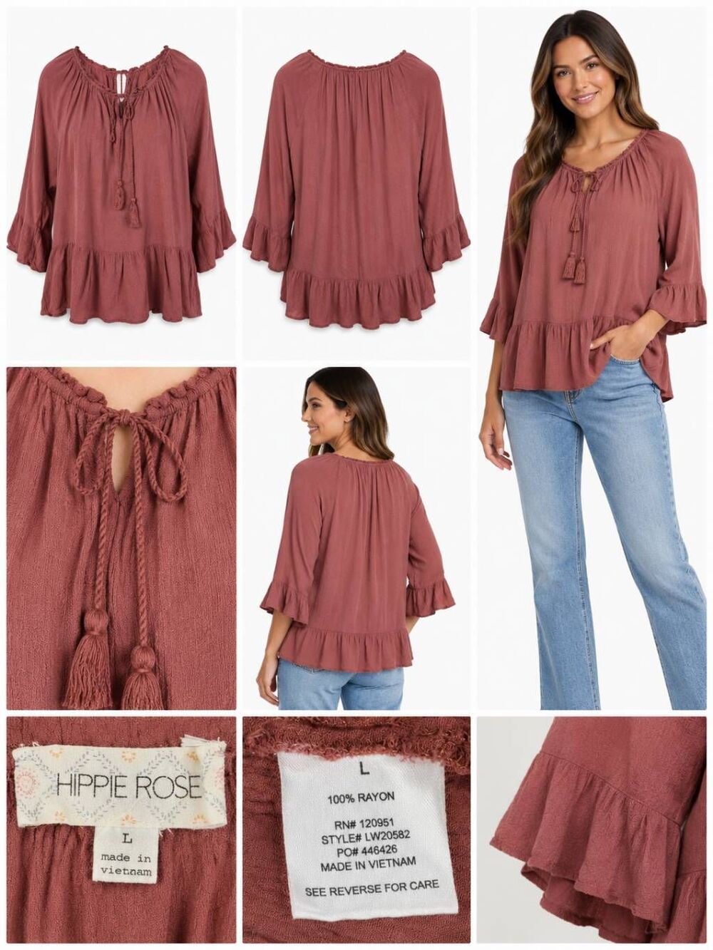 Hippie Rose Boho Peasant Top Pink Tassel Tie Size L